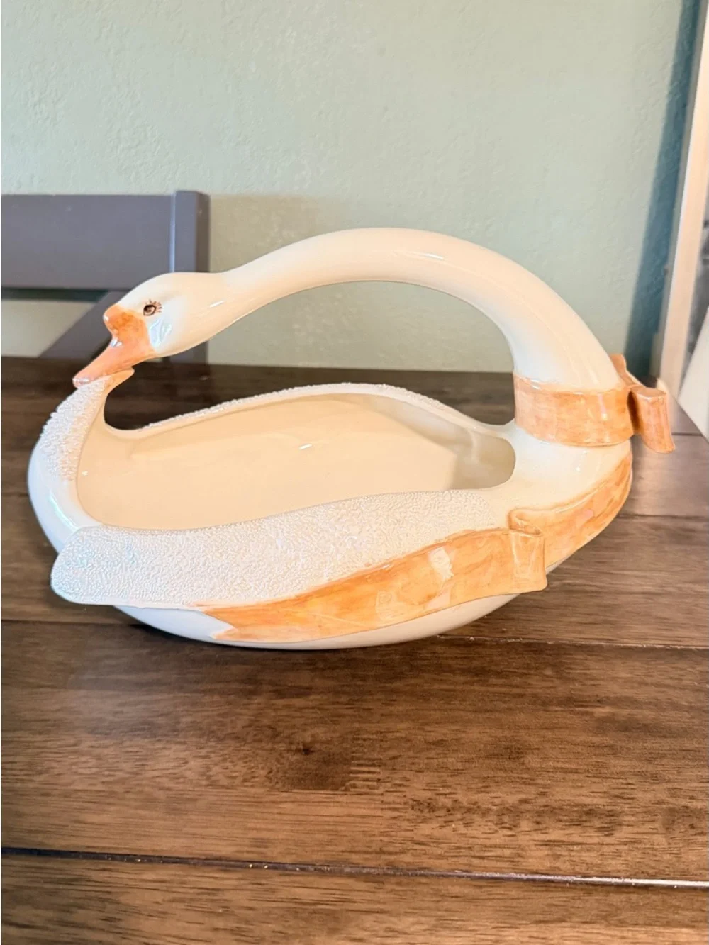 vintage Ceramic Swan Basket - planter  Cream and Peach Decorative Bowl